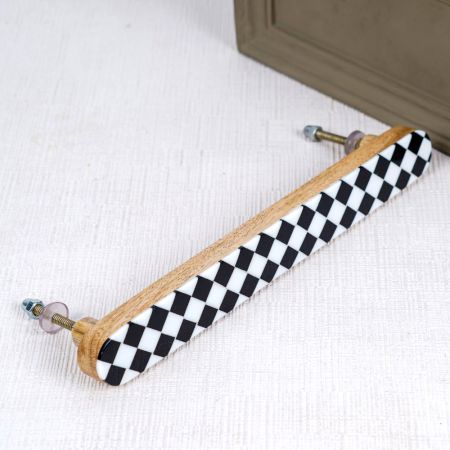 Black and White Checkerboard Resin and Wood Door Handle - 8.5 Inch